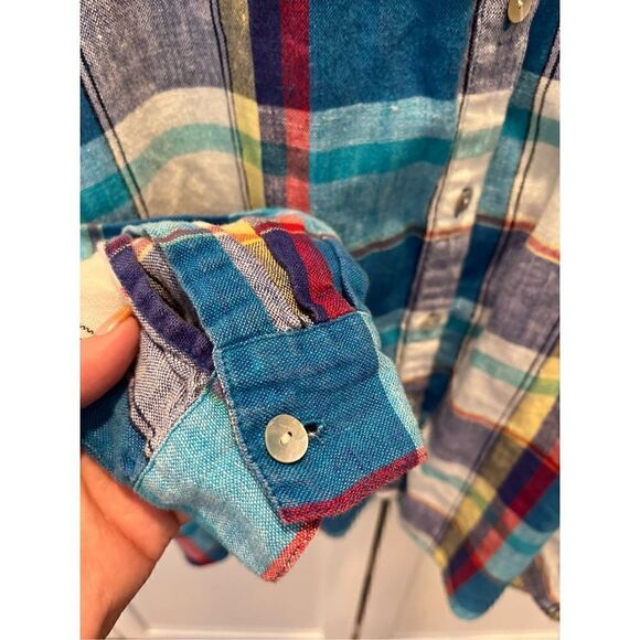 Chico’s Design Women’s Plaid Linen Button Down Shirt Sz 12 (Chico Sz 2) Blue - Picture 3 of 9